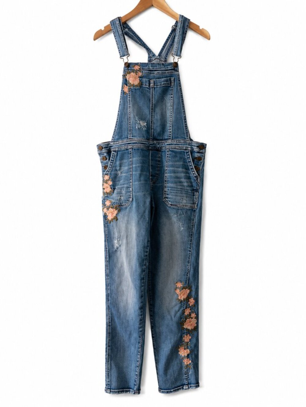 Driftwood Olivia Floral Embroidered Distressed Faded Overalls Sz 26